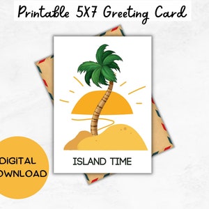 Island Time Island Life Chill Vibes Tropical Coconut Tree Island Sunset Background - Cartão de felicitações em branco para impressão de 5" x 7" - Download digital