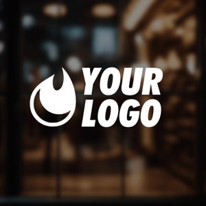 Peut inclure: Logo blanc avec une forme de flamme et le texte "YOUR LOGO" en gras, sans-serif. Le logo est placé sur un fond sombre et flou, suggérant une vitrine ou un affichage.
