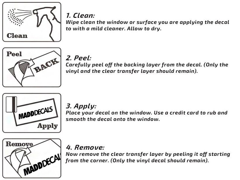 May include: A step-by-step guide for applying a decal, featuring four illustrated steps. The instructions include cleaning the surface, peeling the backing, applying the decal, and removing the transfer layer. The text includes "Clean", "Peel", "Apply", and "Remove".