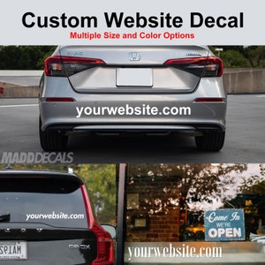 May include: A silver car with a white "yourwebsite.com" decal on the back. The image also shows a black car with a similar decal and a storefront with a "Come In We're Open" sign. Text at the top reads "Custom Website Decal".