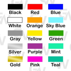 May include: A color chart featuring rectangular blocks in various colors, including black, red, blue, white, orange, sky blue, gray, yellow, green, silver, purple, mint, gold, pink, and teal. Each block is labeled with its corresponding color name.