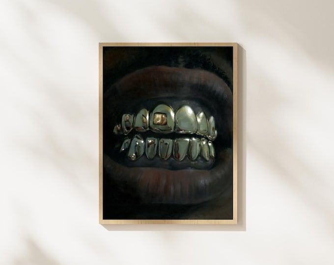 Gold Grillz Art Print, Black Culture Artwork, Black Wall Decor, Jewelry Painting