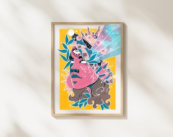 Trippy Art Prints, Psychedelic Spiritual Artwork, Celestial Planets and Stars Aesthetic, Vibrant Wall Art Decor, Gouache Painting
