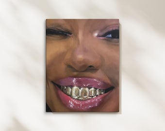 Cute Feminine Black Woman Acrylic Painting, Grillz Aesthetic Wall Decor, Afrocentric Original Artwork, African American Culture Fine Art