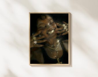 Black Woman Portrait, Black Culture Aesthetic Art Decor, Gold Jewelry Aesthetic Artwork, Contemporary Afrocentric Modern Artwork