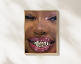 Cute Feminine Black Woman Artwork, Grillz Aesthetic Wall Decor, Afrocentric Original Artwork, African American Culture Fine Art Prints
