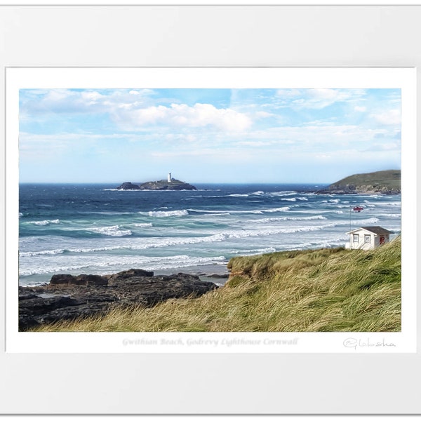 Reproduction d'art Cornouailles, affiche, image, peinture, décoration murale. Édition limitée. Phare de Godrevy, cadeau de mariage d'anniversaire de Gwithian Cornish