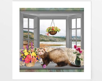 Ferret art print, picture, poster. Summer Vacation - Artist signed limited edition print. Square wall decor for home painting art gallery.