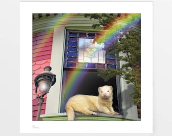 Summertime Rainbow ferret art print, picture, poster. Ferret gift. Home decor wall art. Limited edition