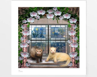 Ferret art print picture, poster. Under the Flower Arch. Limited edition. Home wall decor. Birthday Wedding Anniversary gift. Pet ferrets