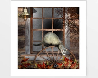 Ferret art print, picture, poster, gift. Autumn Escape wall decor for home painting art gallery or office. Artist signed.