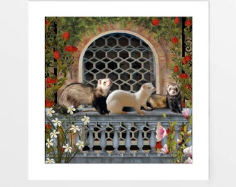 Ferrets Out on the Balcony art print, picture, poster. Limited edition. Ferret gift. Square Wall decor for home painting gallery or office.