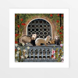 Ferrets Out on the Balcony art print, picture, poster. Limited edition. Ferret gift. Square Wall decor for home painting gallery or office.