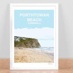 Porthtowan Beach Cornwall print, Travel Poster Picture, Wall Art decor. Cornish Birthday Wedding Anniversary gift Hand signed, framed Kernow