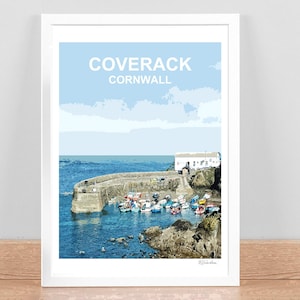 Druk Coverack Cornwall, plakat podróżniczy, obraz, dekoracja ścienna. Kornwalijski prezent urodzinowy na rocznicę ślubu. Podpisany ręcznie, oprawiony. Kernow