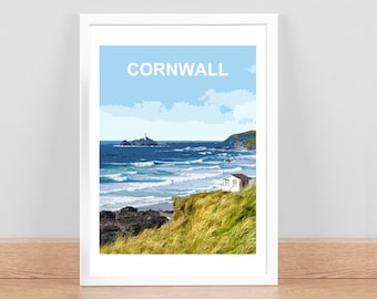 Cornwall Travel Poster Art print  Picture Home Wall decor. Gwithian Godrevy. Framed ready to hang. Birthday Wedding Anniversary Cornish gift