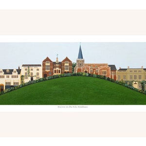 May include: A framed print featuring a panoramic view of buildings atop a green hill. The buildings vary in style, with a church steeple visible. The print is set against a light background, with the text "Harrow on the Hill, Middlesex" at the bottom.