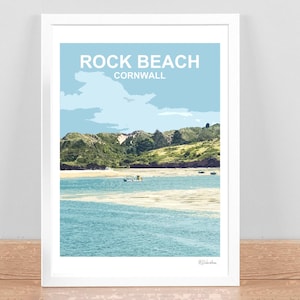 Rock Beach Padstow Cornwall art print Travel Poster, Picture, Wall Home decor Landscape. Framed. Cornish Birthday Wedding Anniversary gift.