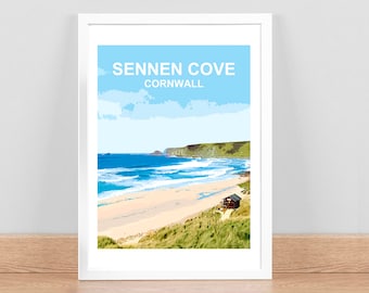 Sennen Cove Cornwall art print, Travel Poster Picture, Home Wall decor. Cornish Birthday Wedding Anniversary gift. Kernow Hand signed Framed