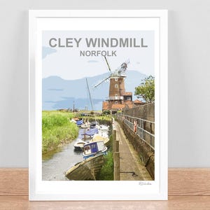 Cley Windmill Norfolk print, Travel Poster, Picture, Wall art decor. Birthday wedding anniversary gift. East Anglia. Hand signed. Framed