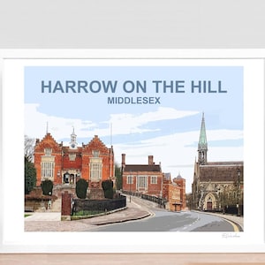 Harrow on the Hill Middlesex art print, Travel Poster Picture Wall art decor. Harrow School. Birthday Wedding Anniversary gift Signed Framed