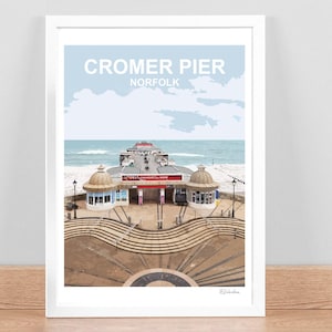 Cromer Pier Norfolk art print, Travel Poster, Picture, Home Wall decor. Birthday wedding anniversary gift. Hand signed. Framed