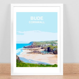 Bude Cornwall art print, Travel Poster, Picture, Wall decor. Hand signed. Cornish birthday wedding anniversary gift. Kernow