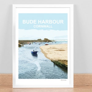 Bude Harbour Cornwall, Print, Travel Poster Picture Home Wall Art decor. Cornish Birthda Wedding anniversary gift Kernow Framed. Hand Signed