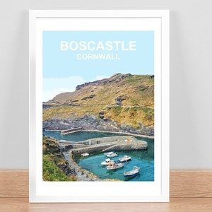 May include: A colorful illustration of a harbor in Boscastle, Cornwall. The harbor is surrounded by green hills and the water is a bright blue. There are several small boats in the harbor.