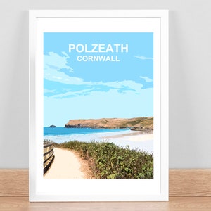 Impresión de Polzeath, Cornualles, póster de viaje, imagen, decoración de pared para el hogar, arte de pared, regalo de aniversario de bodas de Cornualles, Kernow, enmarcado
