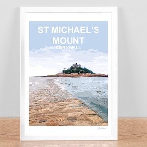 St Michaels Mount, Kornwalia, grafika artystyczna, plakat podróżniczy, dekoracja ścienna. Marazion Penzance. Kornwalijski prezent urodzinowy, ślubny, podpisany, oprawiony.