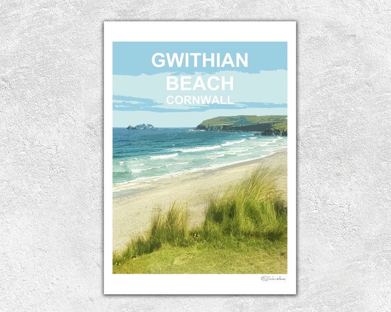 Gwithian Beach, Cornwall art print, Travel Poster, Picture, Wall art, Home decor. Hand signed. St Ives Bay. Cornish gift image 2