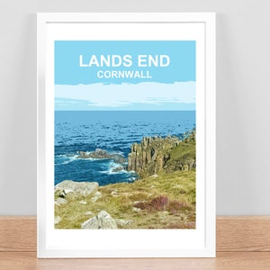 Lands End Cornwall print Travel Poster Picture Wall art Home decor Hand signed framed Cornish Birthday Wedding Anniversary gift. Kernow