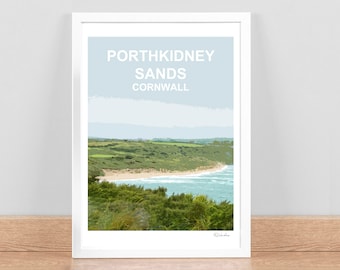 Porthkidney Beach Cornwall art print, Travel Poster, Picture, Home Wall decor. Hand signed, framed Cornish birthday wedding anniversary gift