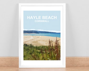 Hayle Beach Cornwall Art Print, Travel Poster, Wall art, Picture, Home decor. Hand Signed. Framed. St Ives Bay. Cornish gift