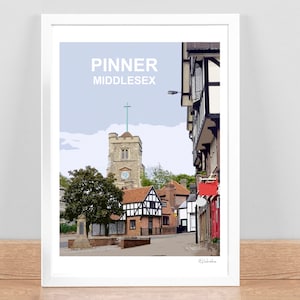 May include: A colourful illustration of a street scene in Pinner, Middlesex. The image features a church with a clock tower, a few buildings with half-timbered facades, and a street sign that reads "Pinner, Middlesex".