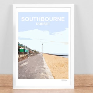 Impresión artística de Southbourne Bournemouth Beach, Dorset, póster de viaje, imagen, decoración de pared. Regalo de cumpleaños, boda y aniversario firmado a mano y enmarcado