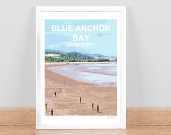 Blue Anchor Bay Somerset print, Travel Location Poster, Picture, Wall art decor. Exmoor. Hand Signed. Birthday Wedding anniversary gift.