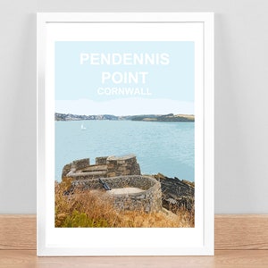 Pendennis Point, Falmouth Cornwall art print, Travel Poster, Picture, Wall decor. Hand signed. Cornish birthday weddinganniversary gift.