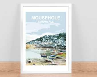 Mousehole Cornwall print, Travel Poster, Picture, Home wall art decor. Hand signed, framed Cornish birthday wedding anniversary gift. Kernow
