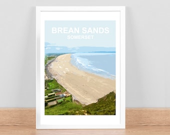 Brean Sands Somerset Kunstdruck, Reise Poster, Bild, Wanddekor. Handsigniert. Aufhängefertig gerahmt