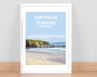 Gwithian Towans Cornwall art print, Travel Poster, Picture, Wall decor. Cornish gift. Riviere Mexico Towans. Kernow gift Hand signed, framed