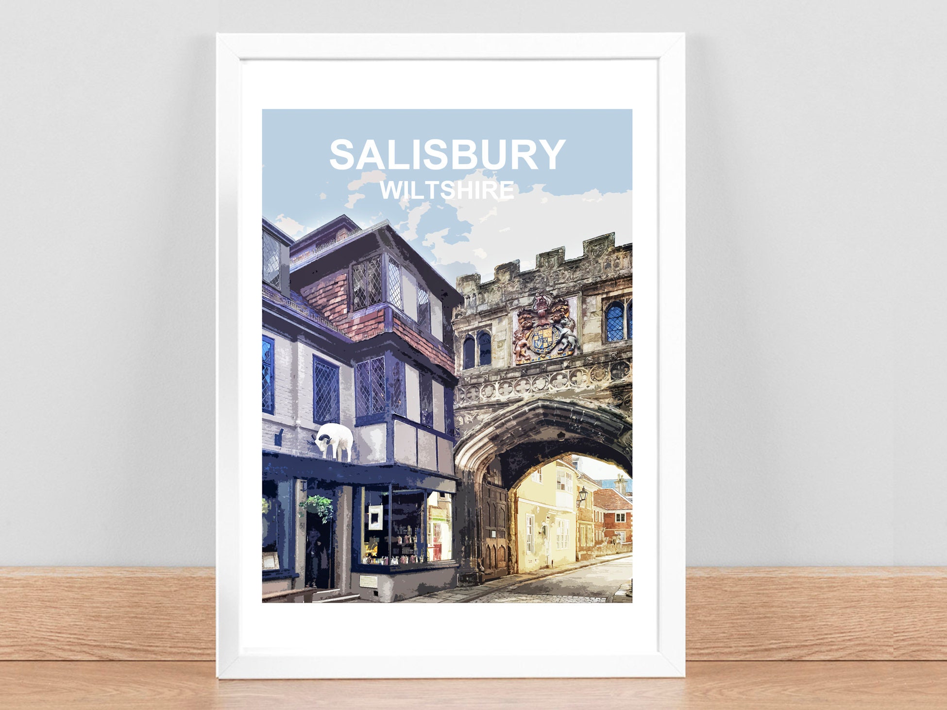 Salisbury, Wiltshire Art Print, Travel Poster, Picture, Wall art decor. Birthday Wedding Anniversary gift for home. Hand Signed, framed