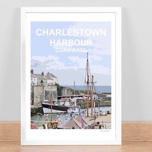 Charlestown Harbour Cornwall print Travel Poster Picture Wall Art decor St Austell Hand signed. Cornish birthday Wedding Anniversary gift