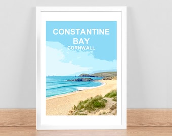Constantine Bay Cornwall print, Travel Poster, Picture, Art Wall Home decor. Hand signed Framed. Cornish Birthday Wedding Anniversary gift