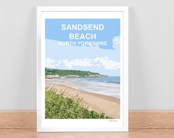 Lámina artística de Sandsend, Yorkshire. Póster de viaje, imagen, arte mural, decoración del hogar. Regalo de cumpleaños, aniversario de bodas. Enmarcado. Whitby.