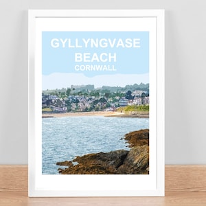 Gyllyngvase Falmouth Cornwall print, Travel Poster Picture, Wall art decor. Cornish Birthday wedding anniversary gift. Signed framed. Kernow