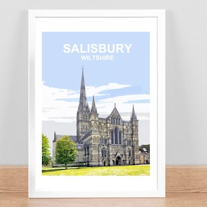 Salisbury, Wiltshire Kunstdruck / Reise Poster / Bild / Wand Kunst Dekor Handsigniert. Kathedralen Druck. Gerahmt fertig zum Aufhängen