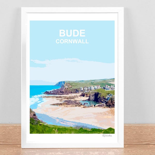 Bude Cornwall art print, Travel Poster, Picture, Wall decor. Hand signed. Cornish birthday wedding anniversary gift. Kernow