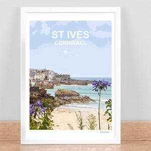 Impresión de St Ives, Cornualles. Póster de viaje, imagen, decoración de pared. Regalo de aniversario de bodas en Cornualles. Firmado a mano por Kernow y enmarcado.